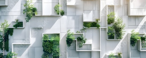 Abstract modernized Living Space, White Building with green  Plants, Modern bright exterior,  photo