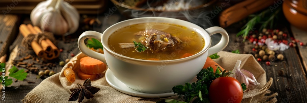 Professional photography of a cup of oxtail soup Professional photography of a cup of oxtail soup