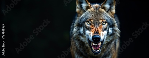 Angry grinning wolf head Canis lupus on black background Growling muzzle of a wolf