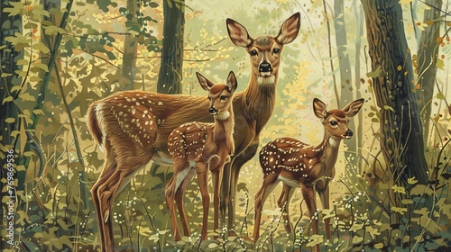 Early morning forest, deer family in pointillism, soft greens and browns, tranquil setting © Holly Design