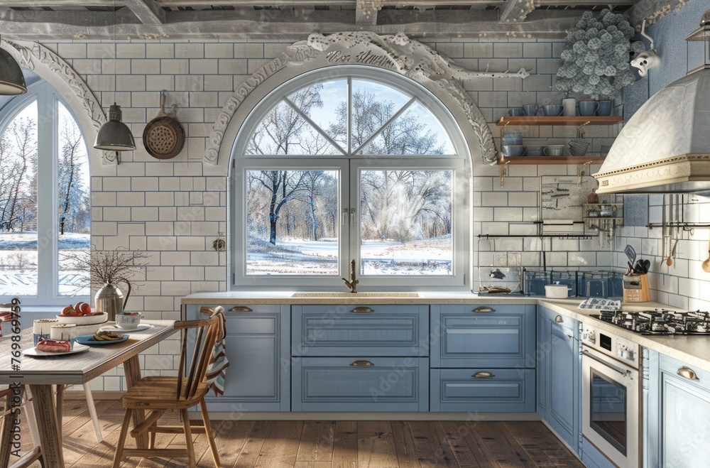 Naklejka premium A beautiful kitchen featuring arched windows, light blue cabinets, and white tiles on the walls. Evoking a winter theme.