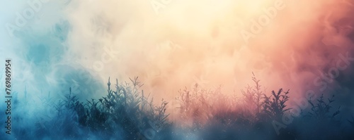 Abstract Foggy Spring Nature Background Texture. The Light shines through the Mist during Sunrise. #769869954