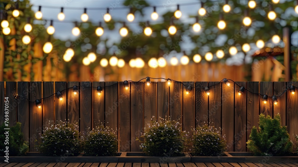 an outdoor party or event with a wooden fence adorned with string lights in the background, and a wooden stage, offering ample copy space for event details or festive messages.