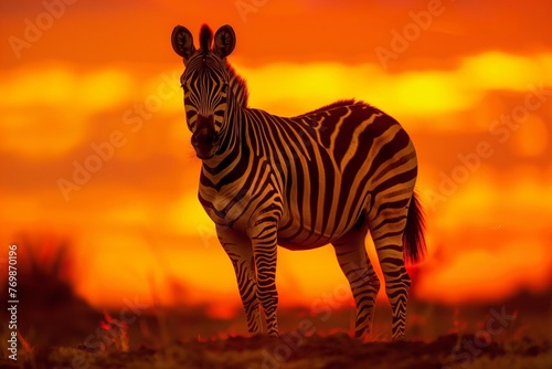 zebra standing still, fiery sunset hues