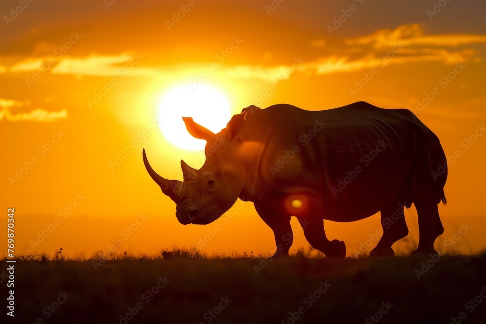 Fototapeta premium rhinoceros silhouette, suns last rays behind