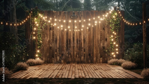 an outdoor party or event with a wooden fence adorned with string lights in the background  and a wooden stage  offering ample copy space for event details or festive messages.