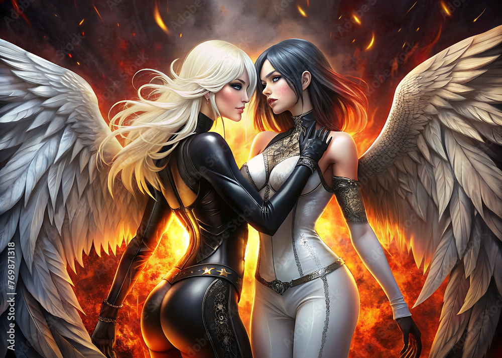 two beautiful women with in catsuits and lace tights, black and white angels cosplay two beautiful women with in catsuits and lace tights, black and white angels cosplay