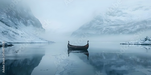 A lone Viking ship rests in a frozen fjord surrounded by mist and icy stillness. Concept Viking Ship, Frozen Fjord, Misty Atmosphere, Icey Stillness, Lone Adventure photo