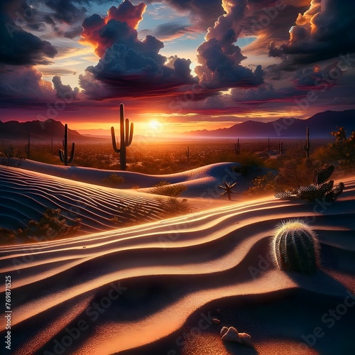 Dramatic Desert Sunset with Saguaro Cactus and Tumbleweed. photo