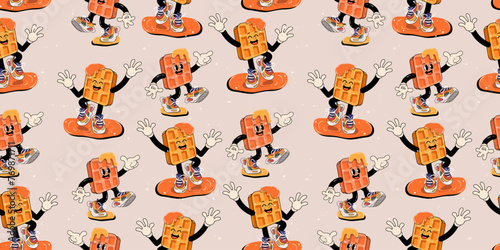  Dancing happy waffles with maple syrup. Retro cartoon fast food seamless pattern. Comic character, mascot for burger bar, cafe, restaurant. Groovy funky trendy vector illustration and background.
