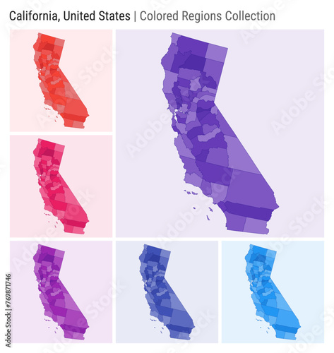 California, United States. Map collection. State shape. Colored counties. Deep Purple, Red, Pink, Purple, Indigo, Blue color palettes. Border of California with counties. Vector illustration.