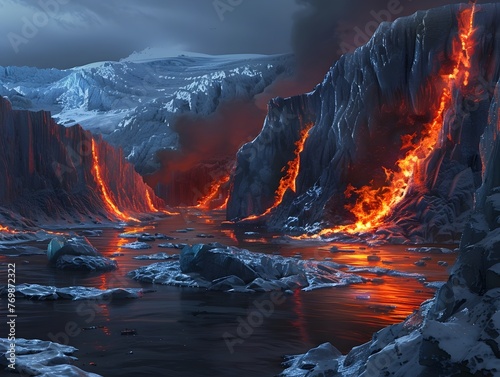 Fiery Volcanic Eruption Spews Molten Lava Across Rugged Mountainous Terrain in a Spectacular Natural Disaster Scene