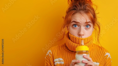 Woman Holding Bottle of Milk in Mouth