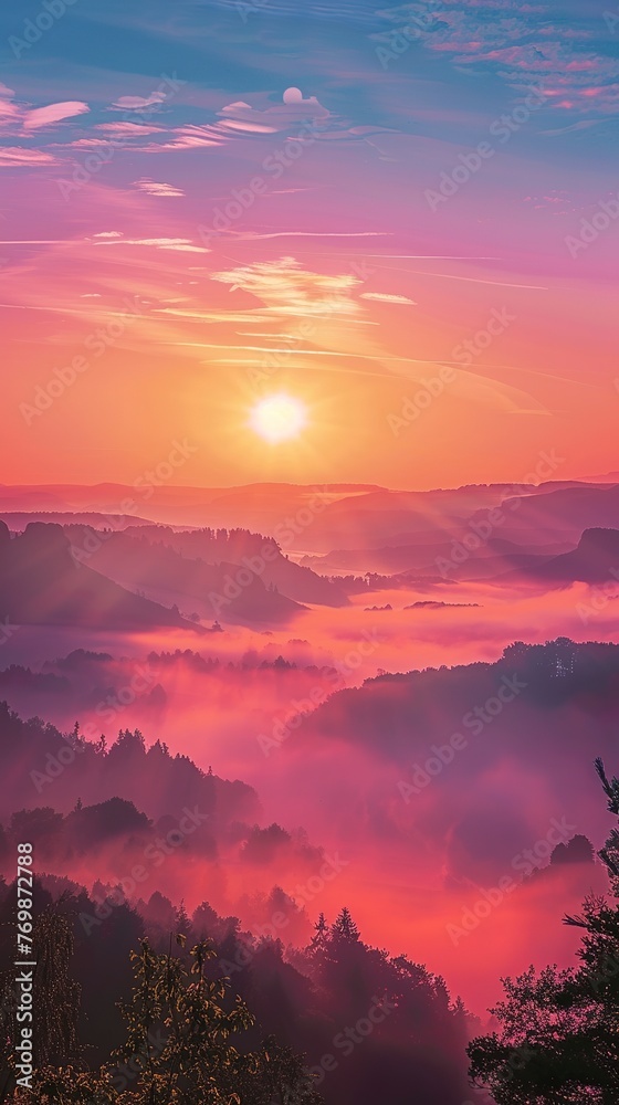 Dawn breaking over a misty valley, warm hues, wide angle, peaceful, ultra high definition