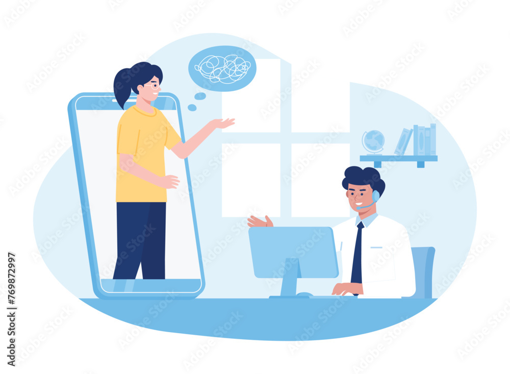 Customer support a man with a computer and a woman on a smart phone concept flat illustration