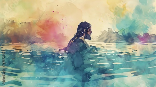 Jesus Christ being baptized in the Jordan River, abstract watercolor illustration photo