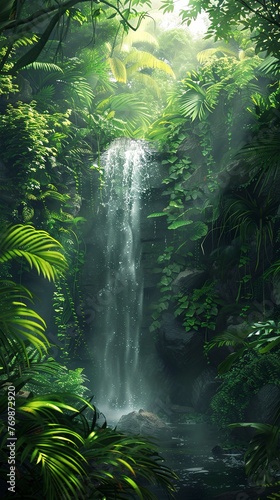 Lush jungle waterfall  vibrant greenery  soft light  eye level  ultra HD  high detail