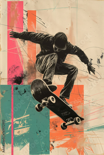 Vibrant pop art poster of a skateboarder performing a trick on a colorful abstract background. Urban skateboarding pop art poster