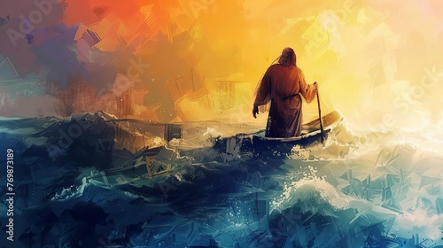 Jesus Christ walking on water, saving humanity illustration, biblical story, digital painting © Bijac