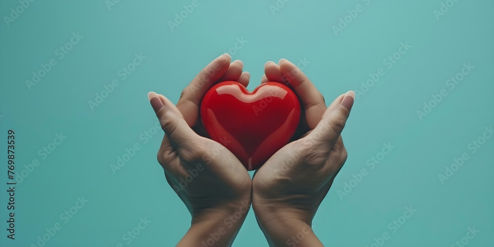 Fototapeta premium Health and Care Symbolized: Closeup of a Woman's Hands Holding a Red Heart Against a Blue Background. Concept Heart Health, Care and Love, Hands Symbolize Support, Blue Color Signifies Calmness