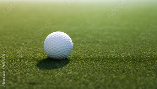 Close-up of a golf ball on the vibrant green turf with morning dew, symbolizing leisure and the game of golf