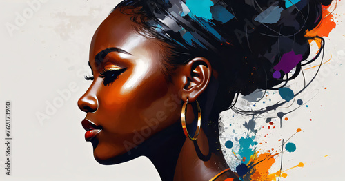 Profile of a young woman in abstract style. Luxurious jewelry, bright colors, makeup.