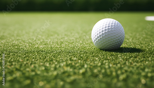 Close-up of a golf ball on the vibrant green turf with morning dew, symbolizing leisure and the game of golf