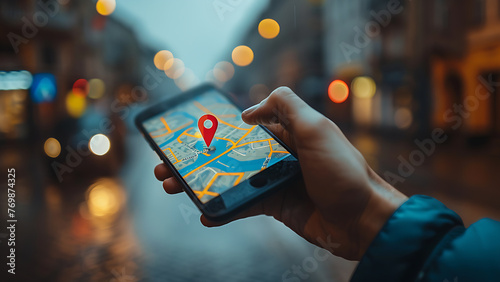 Wallpaper Mural Woman holding smart phone with gps map navigation app with planned route on screen. Torontodigital.ca