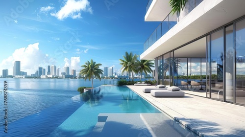 Luxurious modern villa with infinity pool overlooking Miami skyline, architectural 3D rendering © Bijac