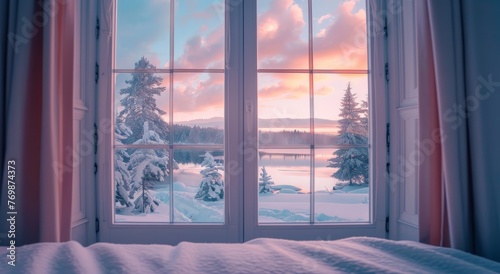 A beautiful winter landscape outside the window  see through sliding doors