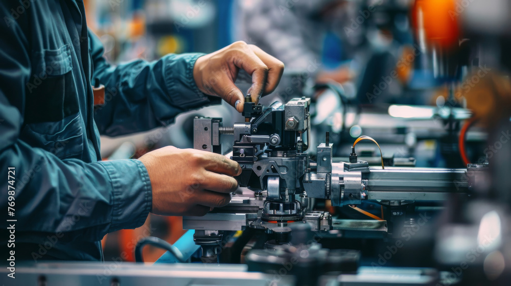 A worker inspecting and repair a piece of machinery on the production line, close up. A worker inspecting and repair a piece of machinery on the production line, close up.