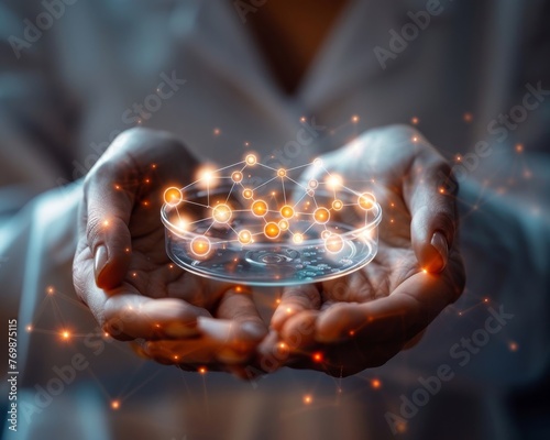 Close-up on hands holding a petri dish with a new pharmaceutical compound