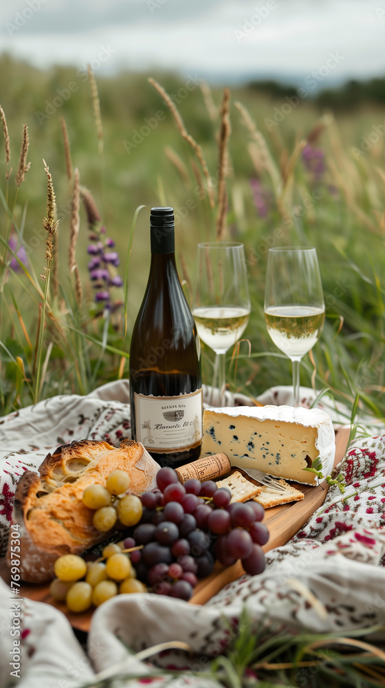 wine and cheese on a picnic