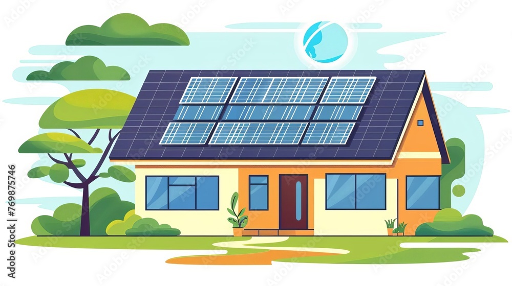 Modern Home with Solar Panels on Roof, Sustainable Energy and Eco-Friendly Living, Digital Illustration