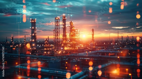 Oil refinery towers illuminated by warm sunset light, with intricate piping and industrial structures.