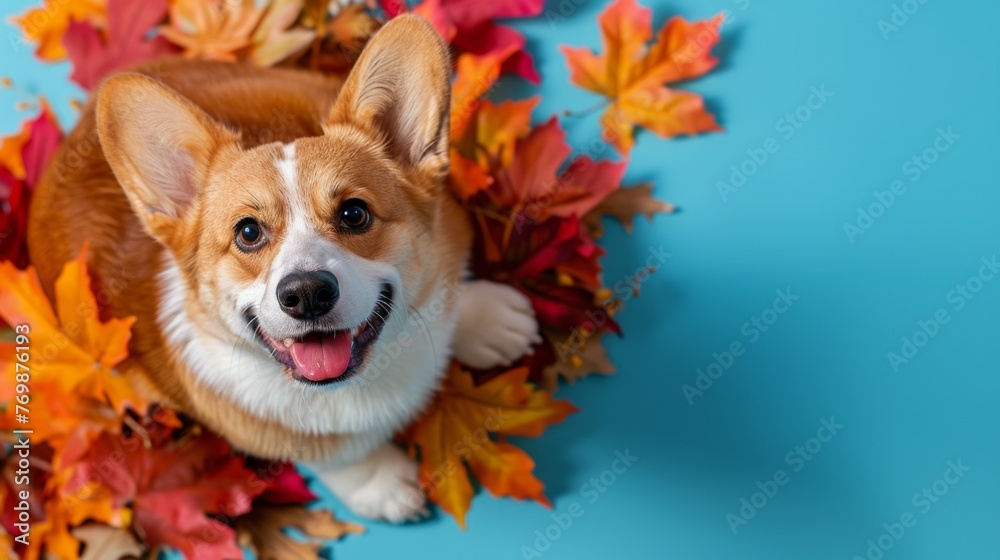 A banner with a cute corgi and a wreath of beautiful autumn leaves. With space to copy text A banner with a cute corgi and a wreath of beautiful autumn leaves. With space to copy text