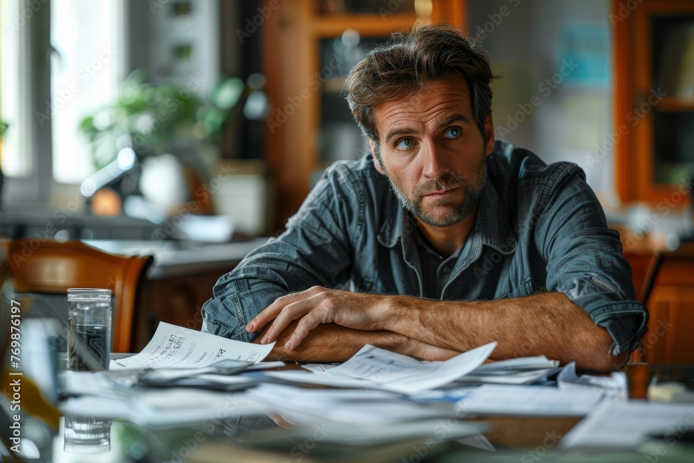 Close-up of a despairing adult facing financial documents Close-up of a despairing adult facing financial documents
