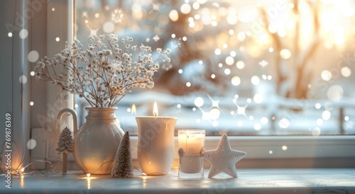 A beautiful winter scene with snow-covered trees outside the window, and on top of it there is an elegant white ceramic vase holding dried flowers