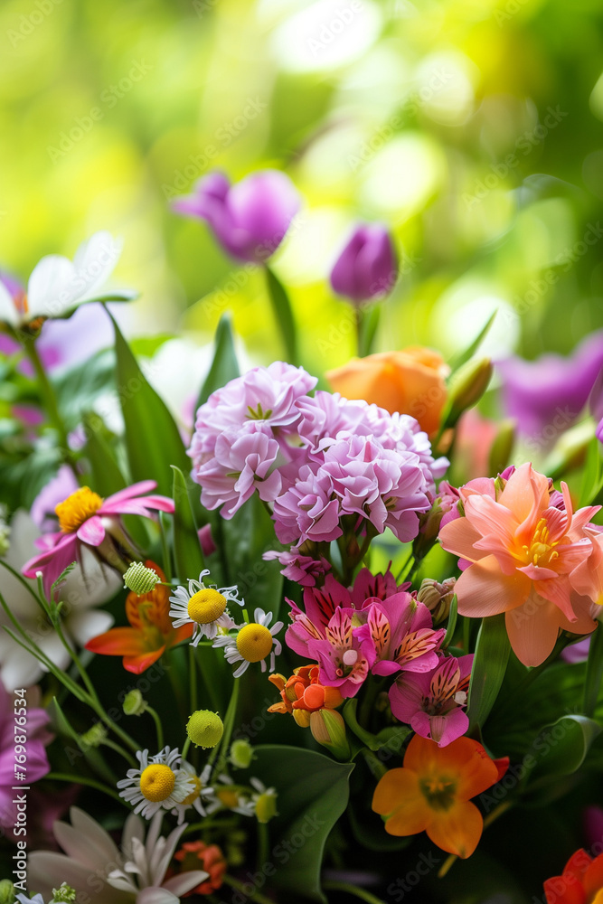 bouquet of pink and purple spring flowers, mothers day gift present green background bouquet of pink and purple spring flowers, mothers day gift present green background