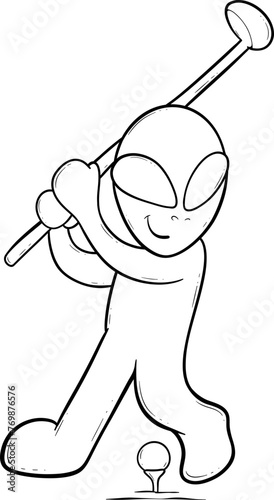 A cartoon alien is playing golf and hitting a ball