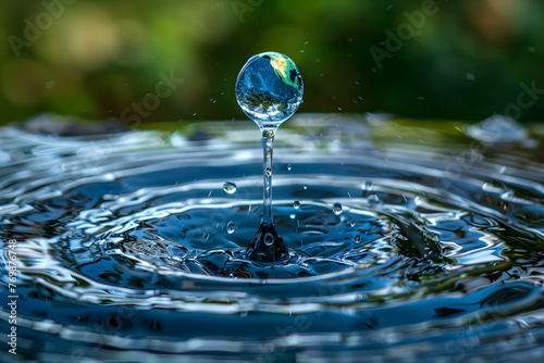 A drop of water falls from earth in a water saving concept.