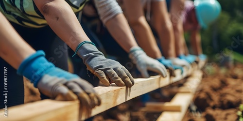 Volunteers building a house for a family in need showcasing teamwork generosity and the transformative impact of selfless actions. Concept Community Service, Teamwork, Generosity, Impact photo