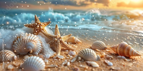 On a sandy shore, waves splash against seashells and starfish, under a sunny blue sky. © Iryna