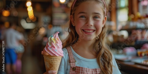 In a cheerful portrait, a lovely curly-haired girl enjoys a colorful and delicious ice cream cone, radiating joy.