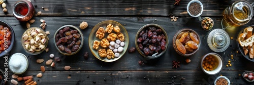 Muslim food during Ramadan on an ebony table, dates, Turkish delight, raisins, nuts, a tray with Turkish tea © lastfurianec