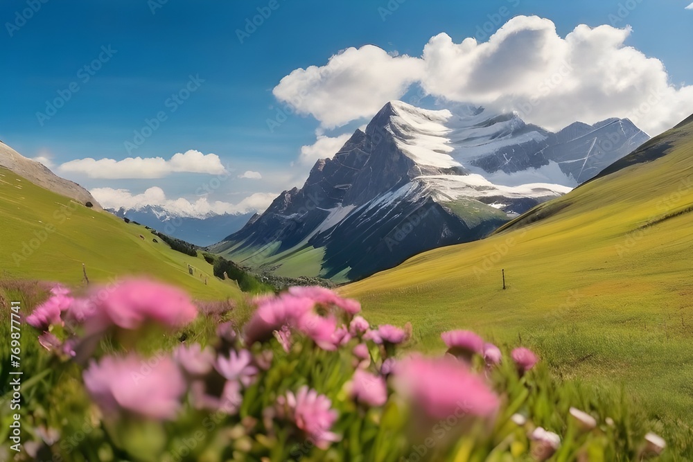 Idyllic mountain landscape in the Alps with blooming meadows in springtime Generative AI