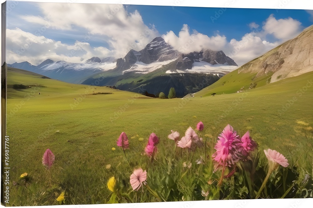 Idyllic mountain landscape in the Alps with blooming meadows in springtime Generative AI