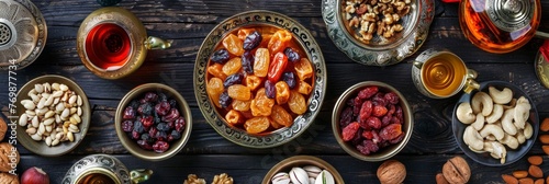 Muslim food during Ramadan on an ebony table, dates, Turkish delight, raisins, nuts, a tray with Turkish tea