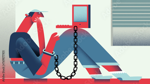Furtive man chained to laptop