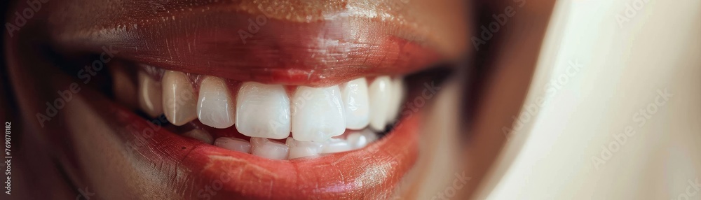 Obraz premium Macro shot of a smiling mouth after a successful stock trade, the joy of financial gain, with 20 free space on the left for expanding wealth low texture